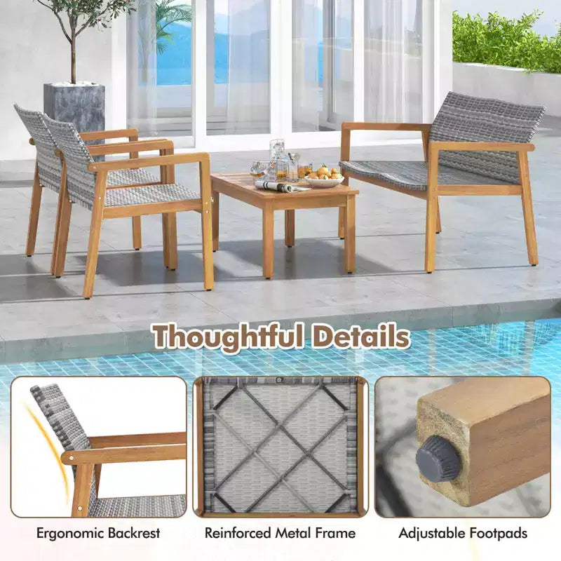 Ensemble de meubles d'extérieur Costway 8 pièces, ensemble de canapés à cadre en bois d'acacia avec assise en rotin