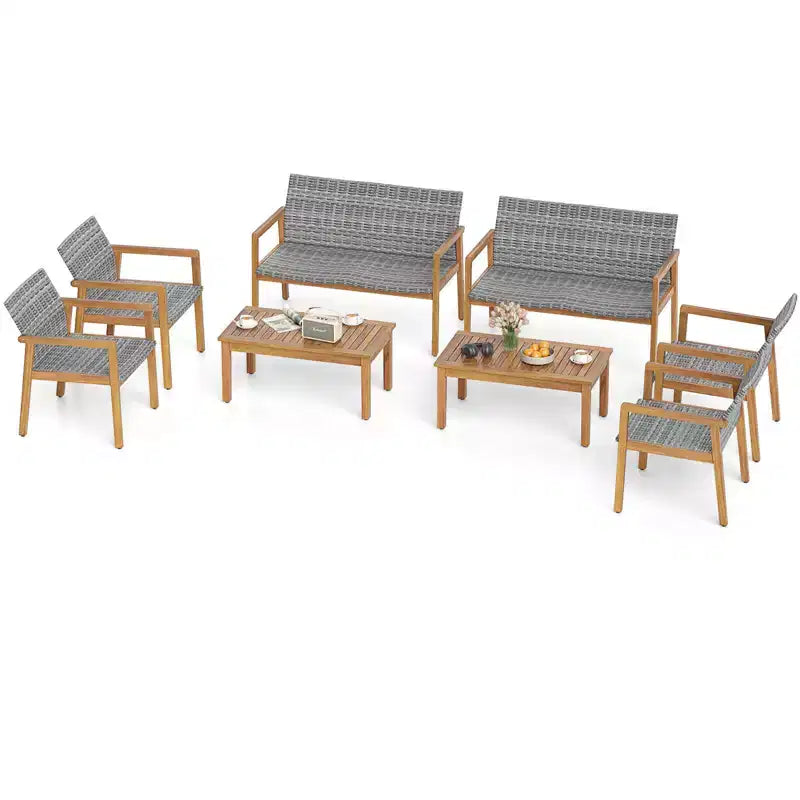 Ensemble de meubles d'extérieur Costway 8 pièces, ensemble de canapés à cadre en bois d'acacia avec assise en rotin