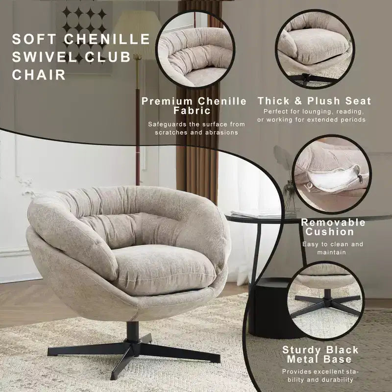 Okak Modern Chenille Swivel Office Chair with Removable Cushion,Comfy Accent Chair for Living Room,Apartment