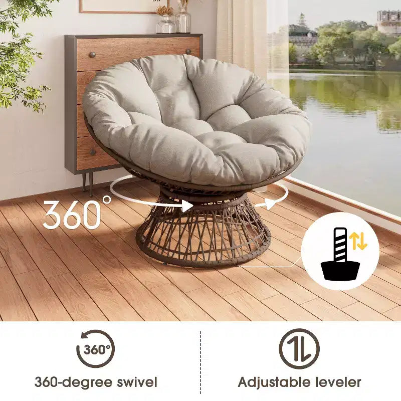 Fauteuil d'appoint moderne pivotant Okak, fauteuil ergonomique en osier de 41,5 po avec coussin en tissu épais haute densité nuage, housse 3-proof, cadre en fer haute capacité
