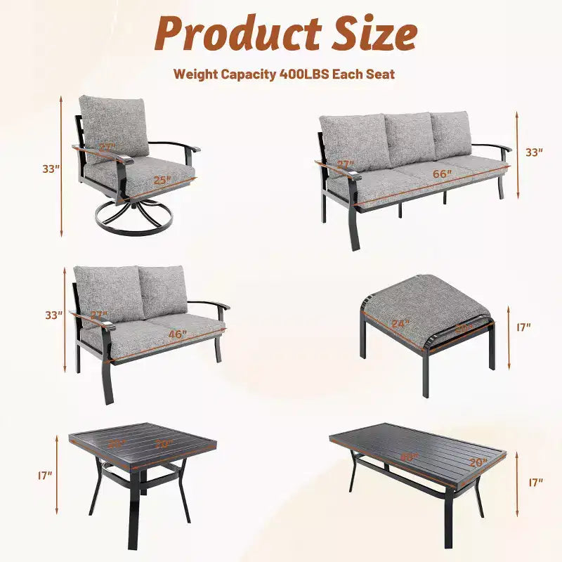 Ensemble de conversation d'extérieur 7 pièces en métal EROMMY avec fauteuils pivotants à 360°, canapé, table basse et pouf pour patio, jardin, terrasse ou piscine