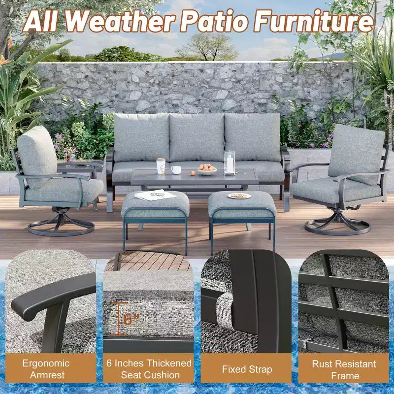 Ensemble de conversation d'extérieur 7 pièces en métal EROMMY avec fauteuils pivotants à 360°, canapé, table basse et pouf pour patio, jardin, terrasse ou piscine