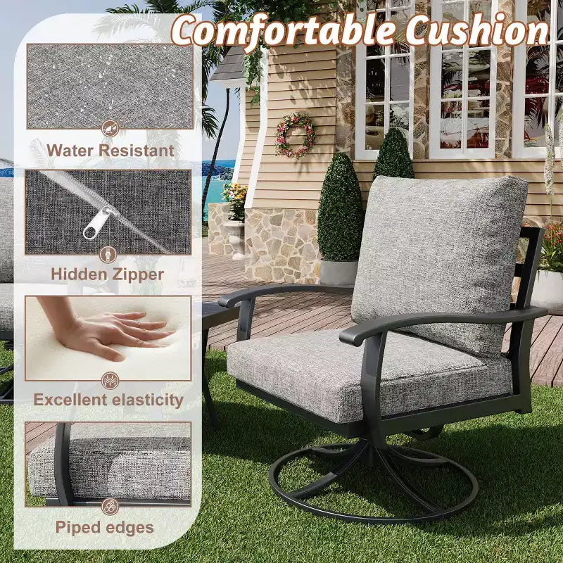 Ensemble de conversation d'extérieur 7 pièces en métal EROMMY avec fauteuils pivotants à 360°, canapé, table basse et pouf pour patio, jardin, terrasse ou piscine