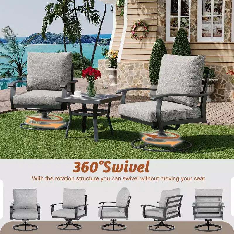 Ensemble de conversation d'extérieur 7 pièces en métal EROMMY avec fauteuils pivotants à 360°, canapé, table basse et pouf pour patio, jardin, terrasse ou piscine