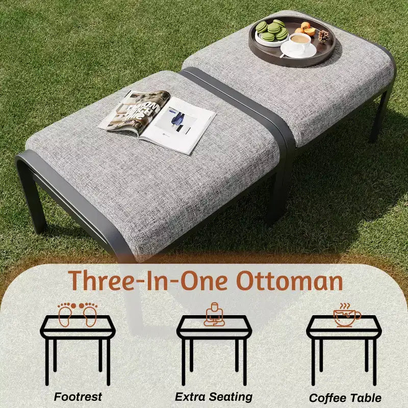 Ensemble de conversation d'extérieur 7 pièces en métal EROMMY avec fauteuils pivotants à 360°, canapé, table basse et pouf pour patio, jardin, terrasse ou piscine