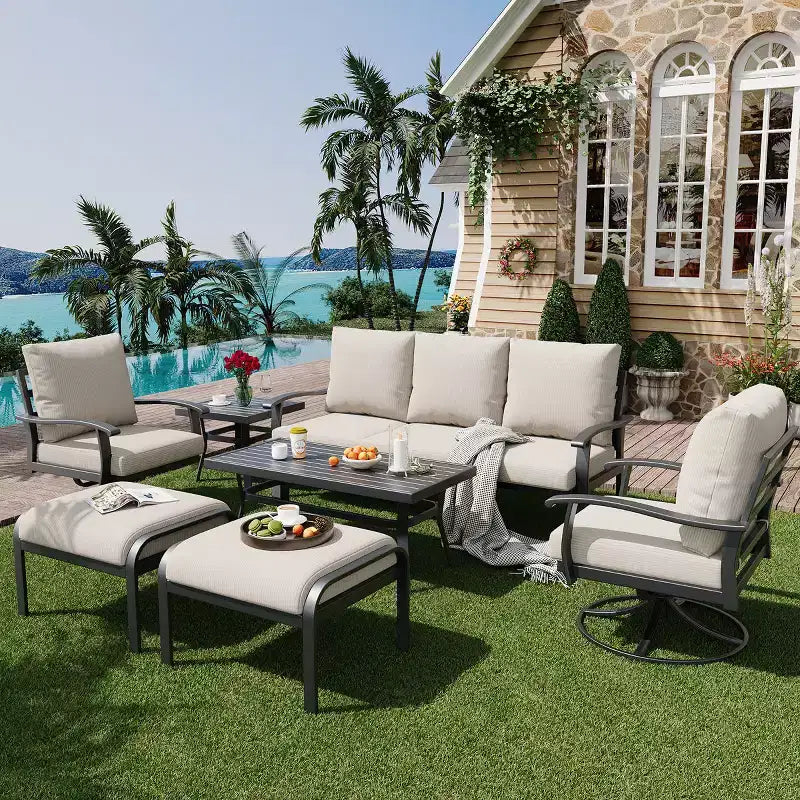 Ensemble de conversation d'extérieur 7 pièces en métal EROMMY avec fauteuils pivotants à 360°, canapé, table basse et pouf pour patio, jardin, terrasse ou piscine