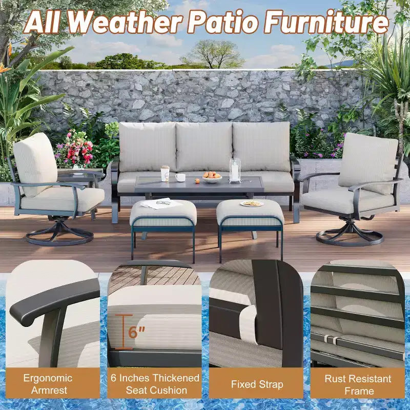 Ensemble de conversation d'extérieur 7 pièces en métal EROMMY avec fauteuils pivotants à 360°, canapé, table basse et pouf pour patio, jardin, terrasse ou piscine
