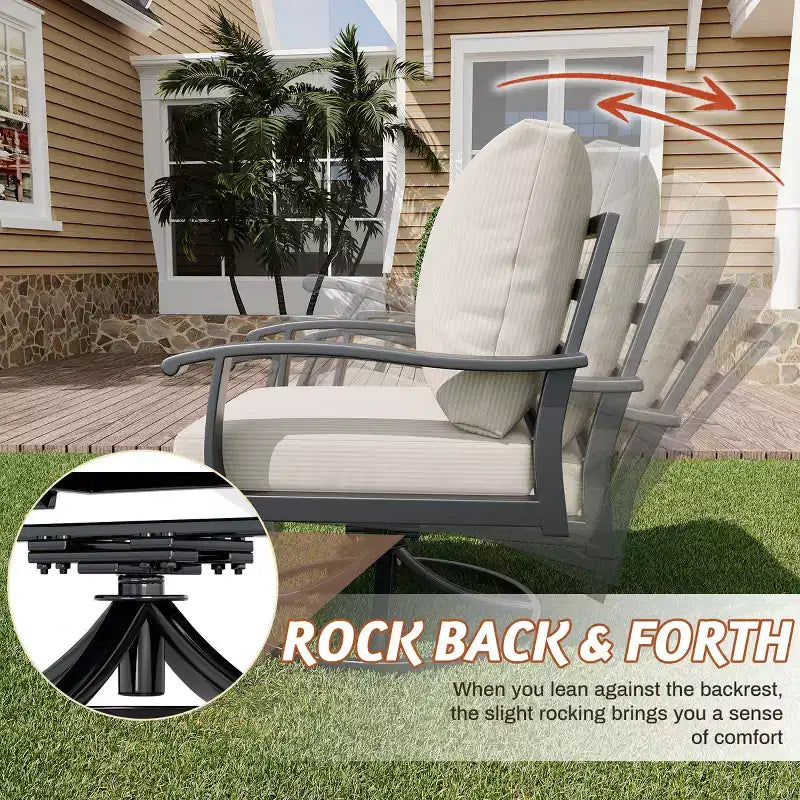 Ensemble de conversation d'extérieur 7 pièces en métal EROMMY avec fauteuils pivotants à 360°, canapé, table basse et pouf pour patio, jardin, terrasse ou piscine