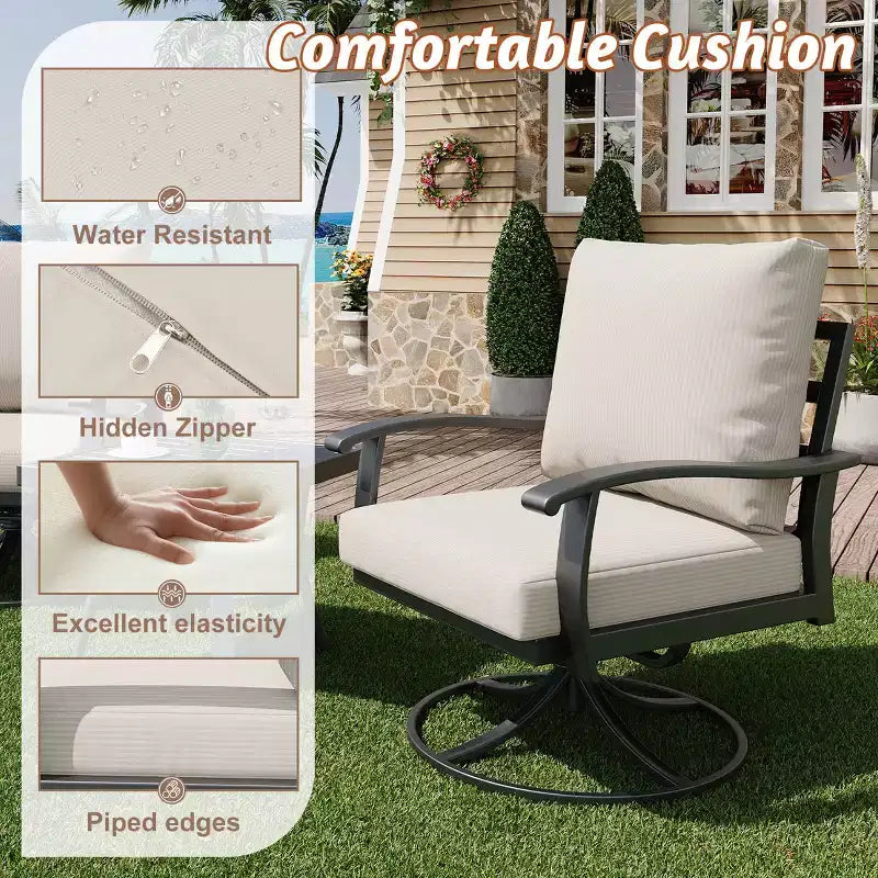 Ensemble de conversation d'extérieur 7 pièces en métal EROMMY avec fauteuils pivotants à 360°, canapé, table basse et pouf pour patio, jardin, terrasse ou piscine