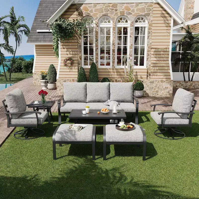 Ensemble de conversation d'extérieur 7 pièces en métal EROMMY avec fauteuils pivotants à 360°, canapé, table basse et pouf pour patio, jardin, terrasse ou piscine