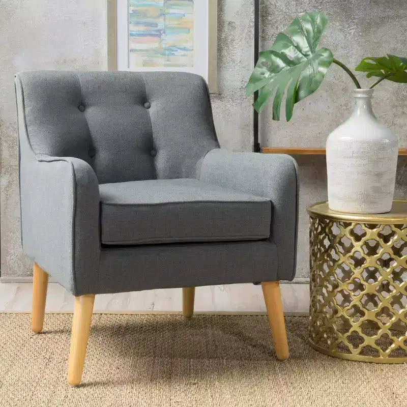 Okak Modern Mid-Century Accent Chairs for Bedroom, Tufted Fabric Accent Chair with Solid Wood Legs for Living Room