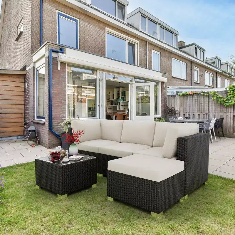 Acekool 5-Piece Outdoor Patio Sectional Set with All-Weather Rattan, Tempered Glass Table & Cushions