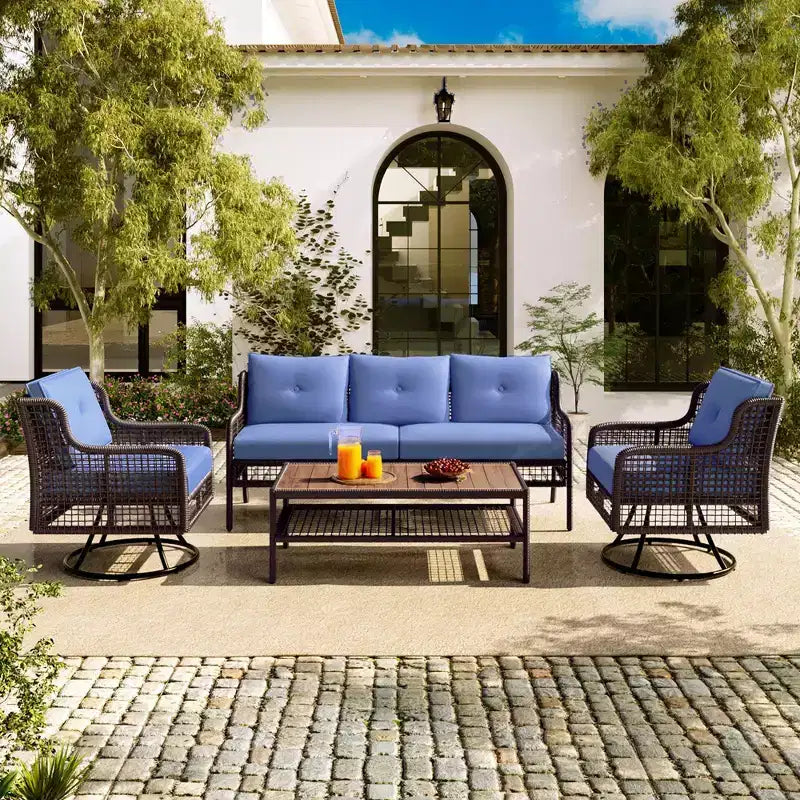 4 Pieces Patio Furniture Set with Swivel Chairs, Outdoor Wicker Sofas for 5-person, Sectional Rattan Outdoor Conversation Set, Blue