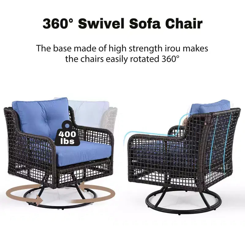 Ensemble de meubles de patio 4 pièces avec chaises pivotantes, canapés d'extérieur en osier pour 5 personnes, salon de jardin modulable en rotin, bleu