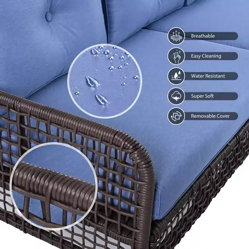 Ensemble de meubles de patio 4 pièces avec chaises pivotantes, canapés d'extérieur en osier pour 5 personnes, salon de jardin modulable en rotin, bleu