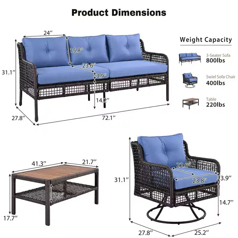 Ensemble de meubles de patio 4 pièces avec chaises pivotantes, canapés d'extérieur en osier pour 5 personnes, salon de jardin modulable en rotin, bleu