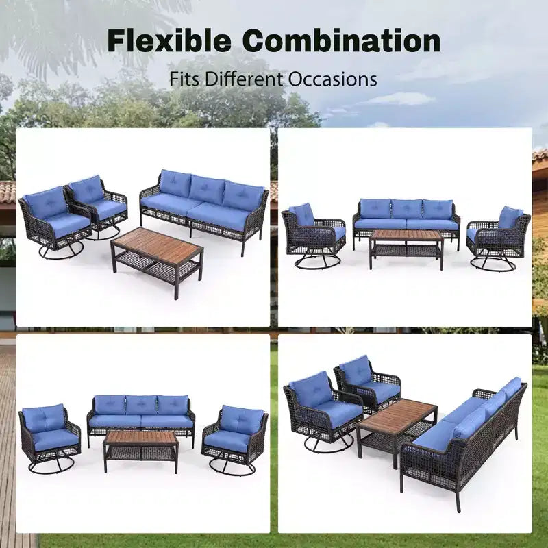 Ensemble de meubles de patio 4 pièces avec chaises pivotantes, canapés d'extérieur en osier pour 5 personnes, salon de jardin modulable en rotin, bleu