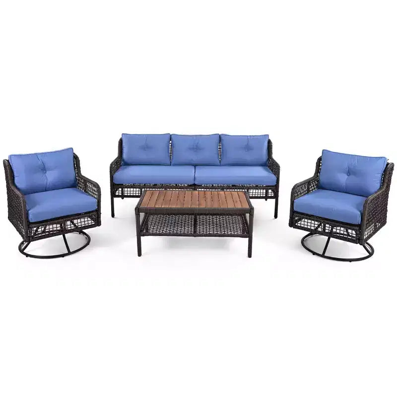 Ensemble de meubles de patio 4 pièces avec chaises pivotantes, canapés d'extérieur en osier pour 5 personnes, salon de jardin modulable en rotin, bleu