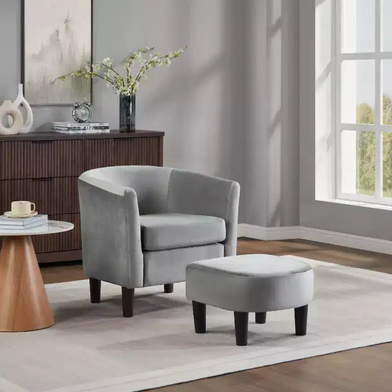 Bestier Gray Modern Velvet Accent Chair with Ottoman U-Shaped Back& 4 Thick Padded Seat