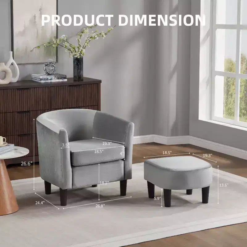Fauteuil d'appoint moderne Bestier gris en velours avec ottoman, dossier en U et assise épaisse et rembourrée