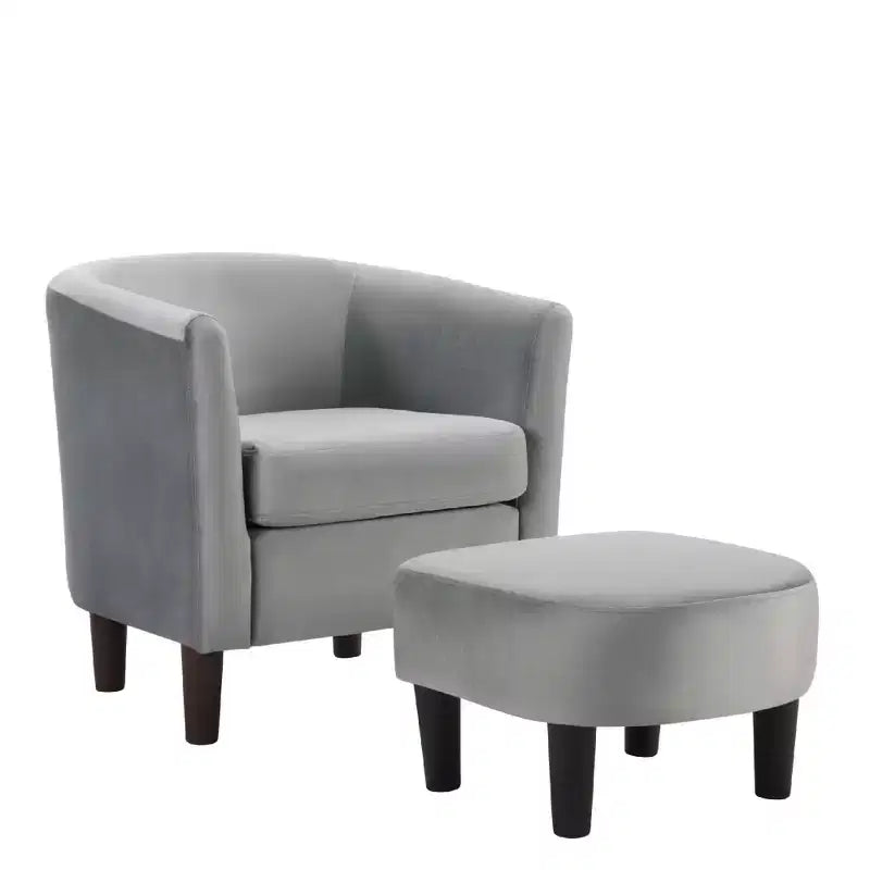Fauteuil d'appoint moderne Bestier gris en velours avec ottoman, dossier en U et assise épaisse et rembourrée