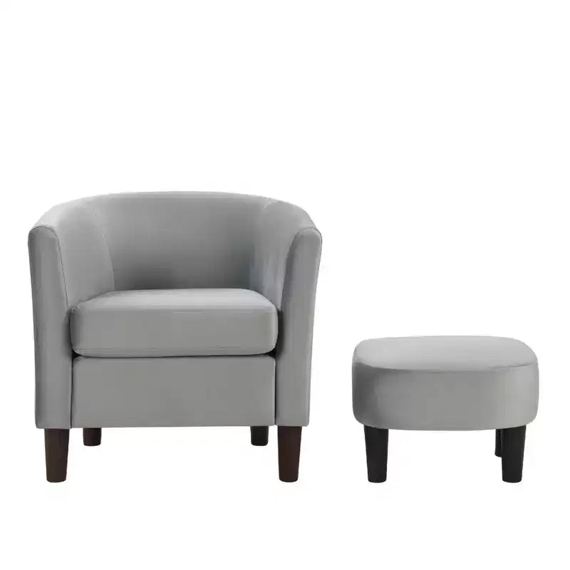Fauteuil d'appoint moderne Bestier gris en velours avec ottoman, dossier en U et assise épaisse et rembourrée