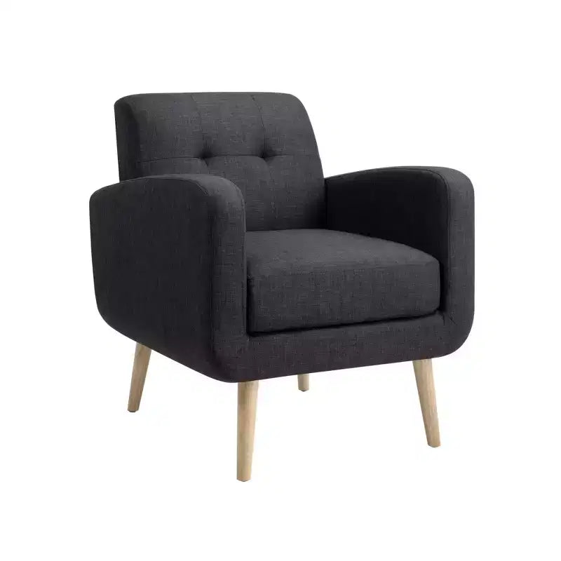 Bestier Fauteuil d'appoint individuel moderne du milieu du siècle en tissu noir avec pieds en bois d'hévéa et revêtement en lin pour le salon
