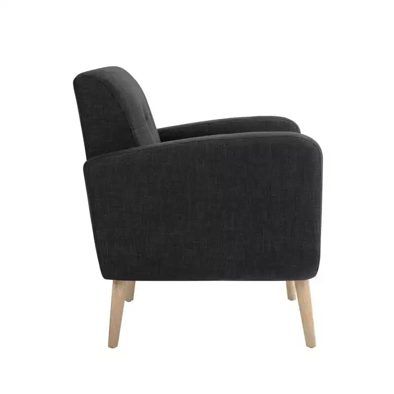 Bestier Fauteuil d'appoint individuel moderne du milieu du siècle en tissu noir avec pieds en bois d'hévéa et revêtement en lin pour le salon