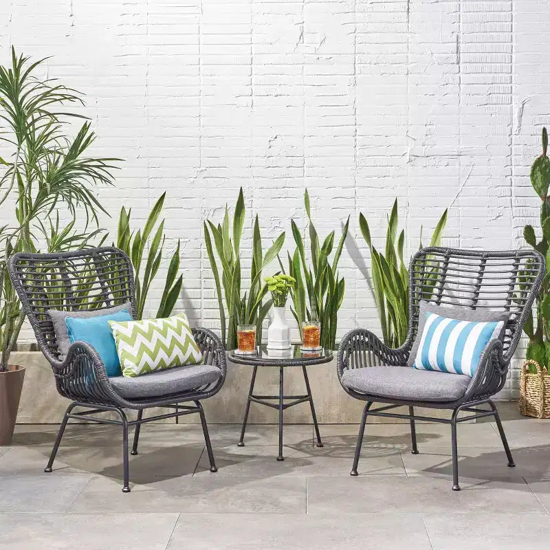 Christopher Knight Home Bechtel Outdoor Wicker and Tempered Glass 3 Piece Chat Set with Cushions