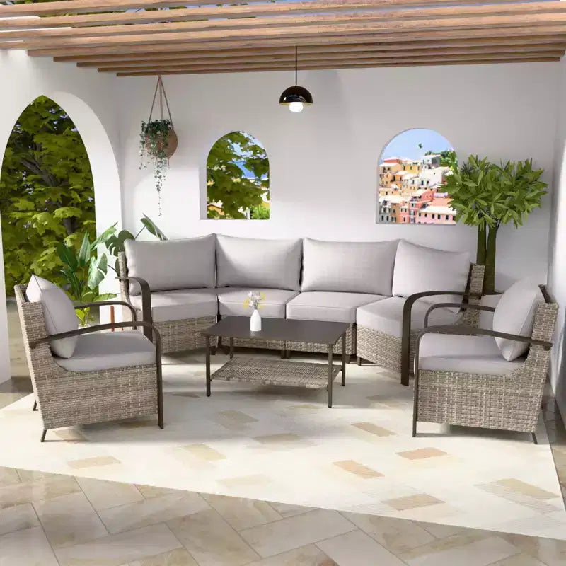 EAGLE PEAK Coastal Vista Outdoor Patio Furniture Set, Half-Moon Curved Wicker Patio Conversation Set with Coffee Table