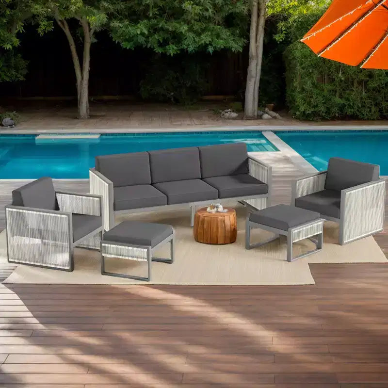 Ensemble de meubles de patio Bestier, 5 pièces, ensemble de conversation en osier pour jardin, ensemble de canapés d'extérieur avec coussin épais de 4,5 po et pouf, jardin