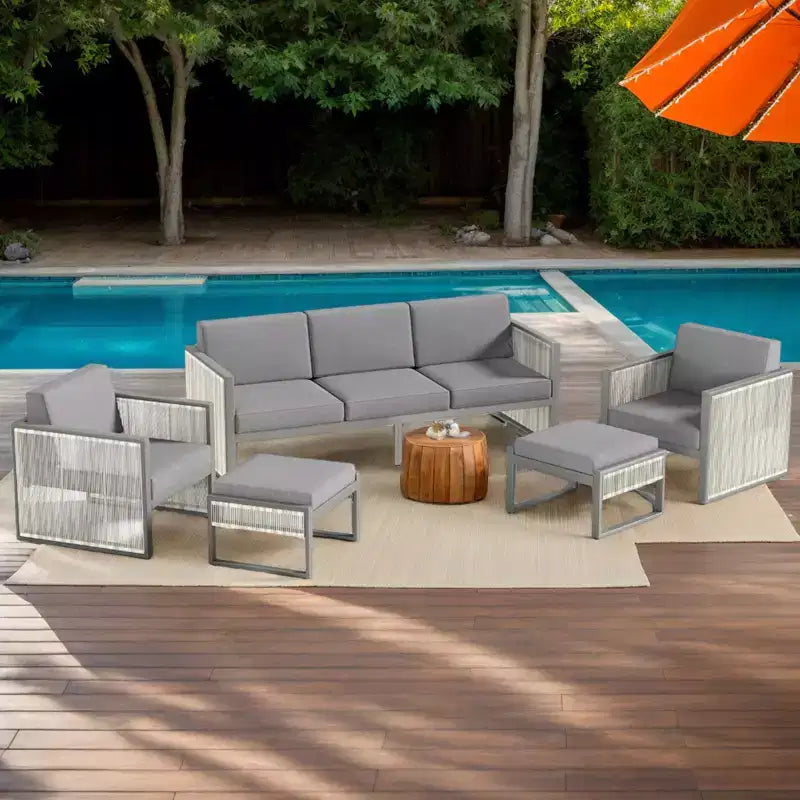 Ensemble de meubles de patio Bestier, 5 pièces, ensemble de conversation en osier pour jardin, ensemble de canapés d'extérieur avec coussin épais de 4,5 po et pouf, jardin