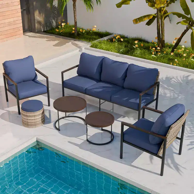 EAGLE PEAK Sunset Dune Ensemble de 6 pièces de mobilier d'extérieur moderne, Salon de jardin en osier aspect bois