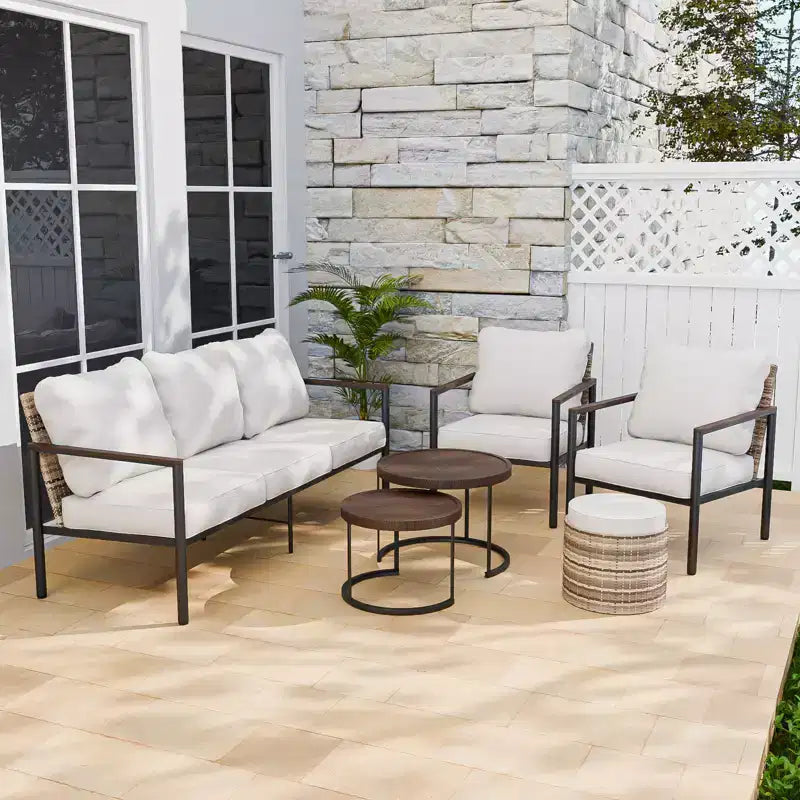 EAGLE PEAK Sunset Dune Ensemble de 6 pièces de mobilier d'extérieur moderne, Salon de jardin en osier aspect bois