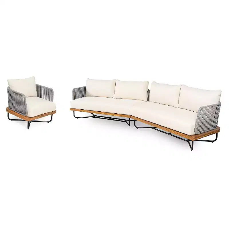 Christopher Knight Home Raphael 3 Piece Outdoor Rope Woven and Acacia Wood Sectional Sofa Set with Water-Resistant Cushions