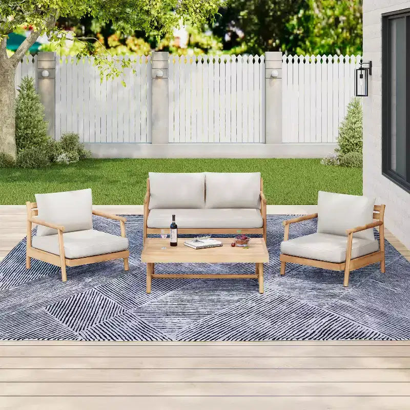 Ensemble de sièges rembourrés d'extérieur en bois d'acacia au design rustique à lattes, 4 pièces, Christopher Knight Home Selina