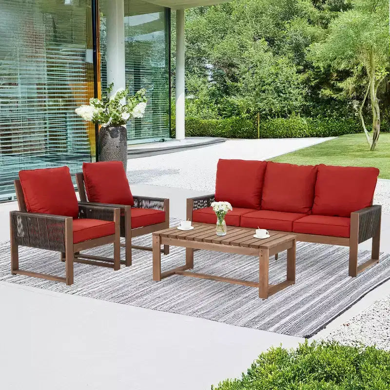 Ensemble de patio 4 pièces en cèdre EROMMY avec corde en PE et coussins – Salon de conversation extérieur tout temps