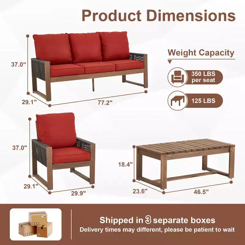 Ensemble de patio 4 pièces en cèdre EROMMY avec corde en PE et coussins – Salon de conversation extérieur tout temps