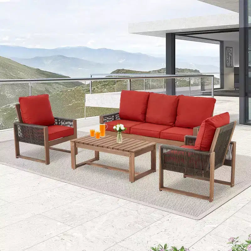 Ensemble de patio 4 pièces en cèdre EROMMY avec corde en PE et coussins – Salon de conversation extérieur tout temps