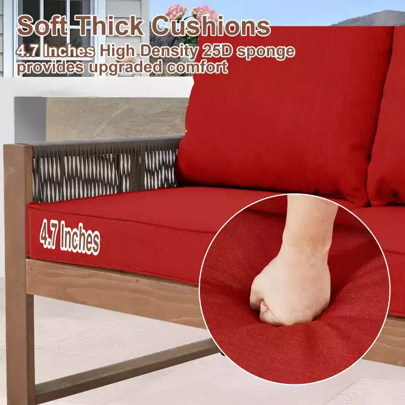 Ensemble de patio 4 pièces en cèdre EROMMY avec corde en PE et coussins – Salon de conversation extérieur tout temps