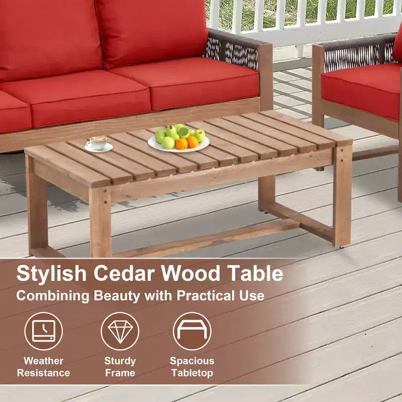 Ensemble de patio 4 pièces en cèdre EROMMY avec corde en PE et coussins – Salon de conversation extérieur tout temps