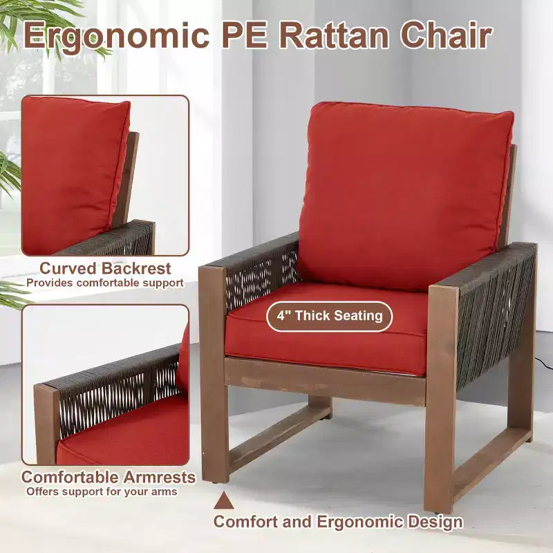 Ensemble de patio 4 pièces en cèdre EROMMY avec corde en PE et coussins – Salon de conversation extérieur tout temps