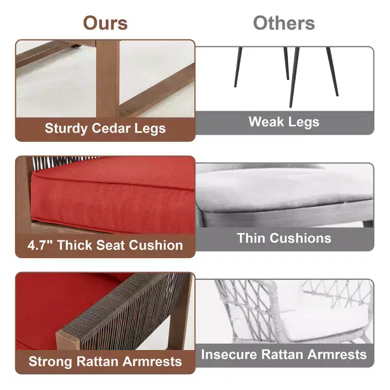 Ensemble de patio 4 pièces en cèdre EROMMY avec corde en PE et coussins – Salon de conversation extérieur tout temps