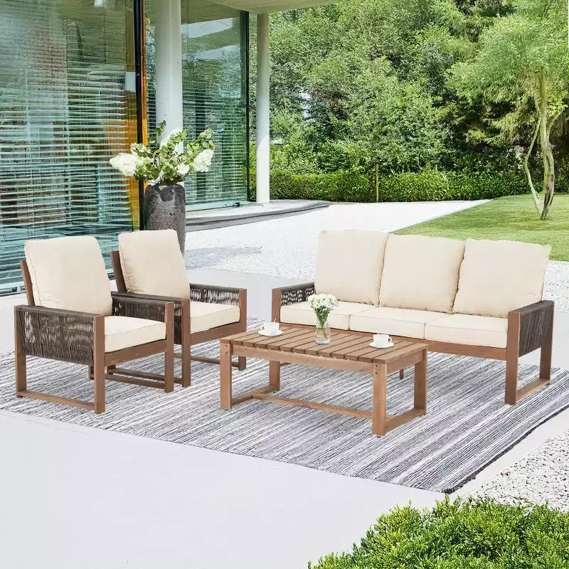 Ensemble de patio 4 pièces en cèdre EROMMY avec corde en PE et coussins – Salon de conversation extérieur tout temps