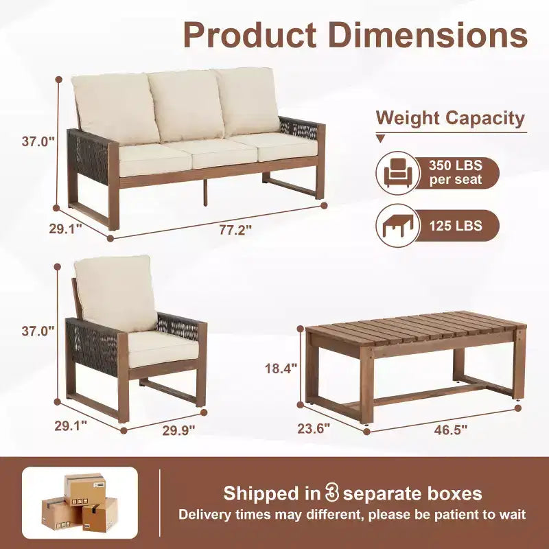 Ensemble de patio 4 pièces en cèdre EROMMY avec corde en PE et coussins – Salon de conversation extérieur tout temps