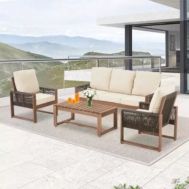Ensemble de patio 4 pièces en cèdre EROMMY avec corde en PE et coussins – Salon de conversation extérieur tout temps