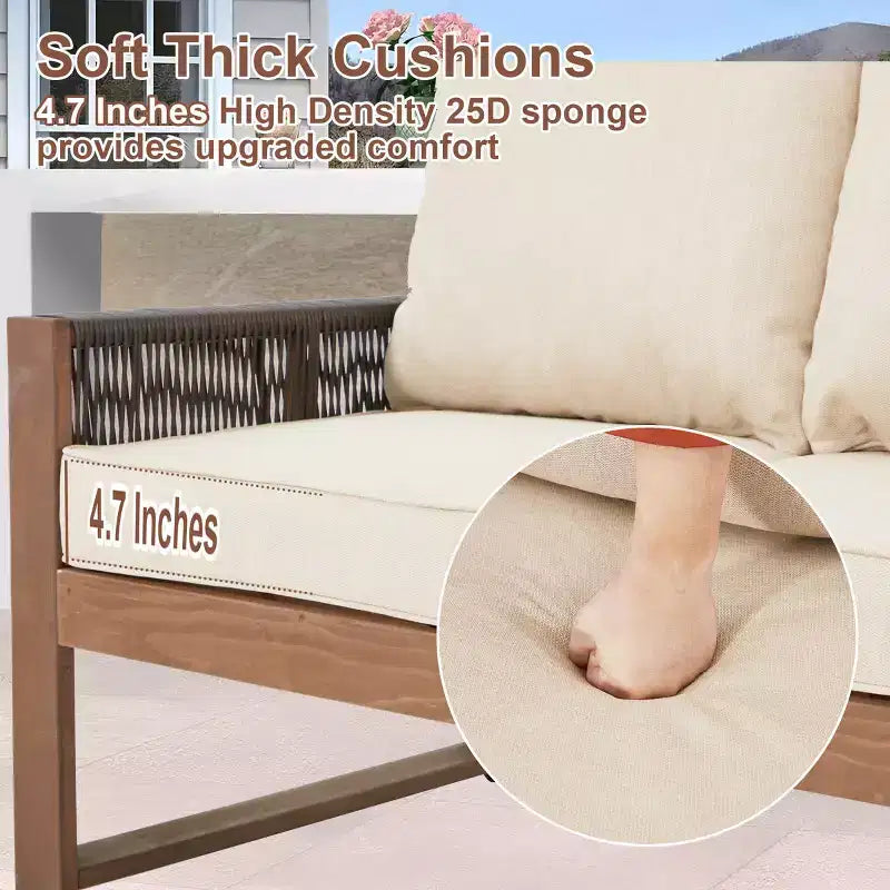 Ensemble de patio 4 pièces en cèdre EROMMY avec corde en PE et coussins – Salon de conversation extérieur tout temps