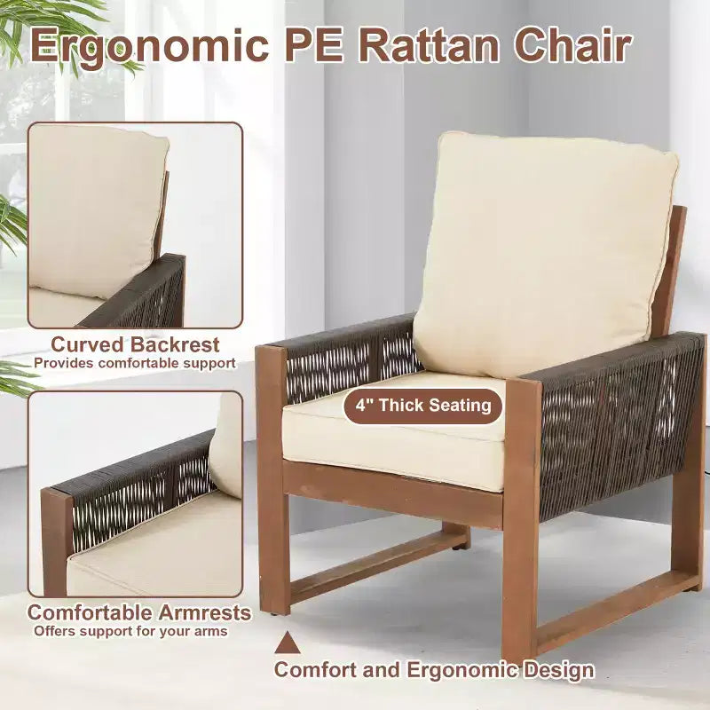 Ensemble de patio 4 pièces en cèdre EROMMY avec corde en PE et coussins – Salon de conversation extérieur tout temps
