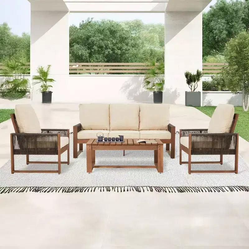 EROMMY 4-Piece Cedar Patio Set With PE Rope & Cushions - All-Weather Outdoor Conversation Group
