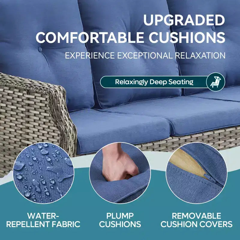 Ensemble de meubles de patio Bestier, canapé et chaises en rotin tressé avec coussins épais et 2 poufs, salon de jardin pour patio, bleu
